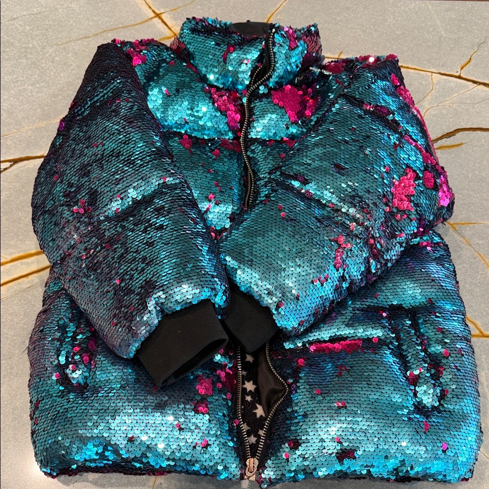 Lola + The Boys Teal and Fuchsia Sequin Puffer Jacket